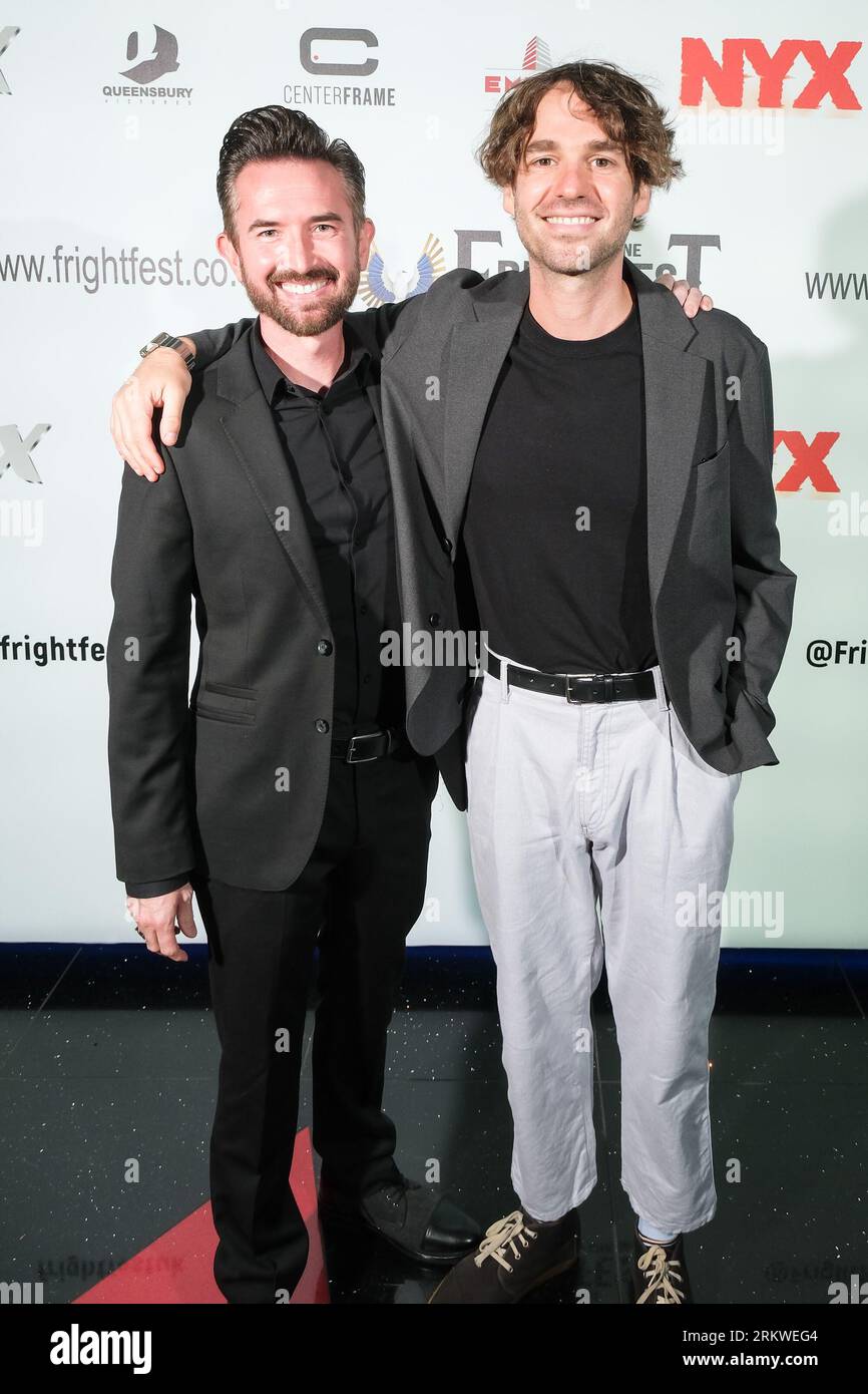 Londres, Royaume-Uni. 25 août 2023. T. Justin Ross et John Rosman photographiés lors de la première européenne de New Life qui s'est tenue lors du Pigeon Shrine Frightfest 2023 au Cineworld Leicester Square. Photo de Julie Edwards crédit : JEP Celebrity photos/Alamy Live News Banque D'Images