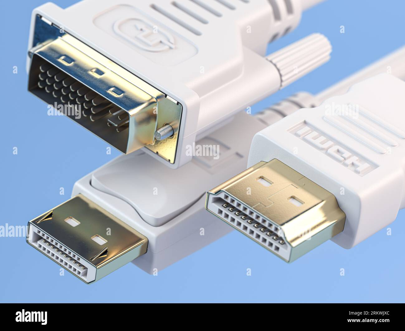 Câbles HDMI, Display Port et DVI. Les types les plus courants de câbles vidéo numériques et de connecteurs d'écran. illustration 3d. Banque D'Images