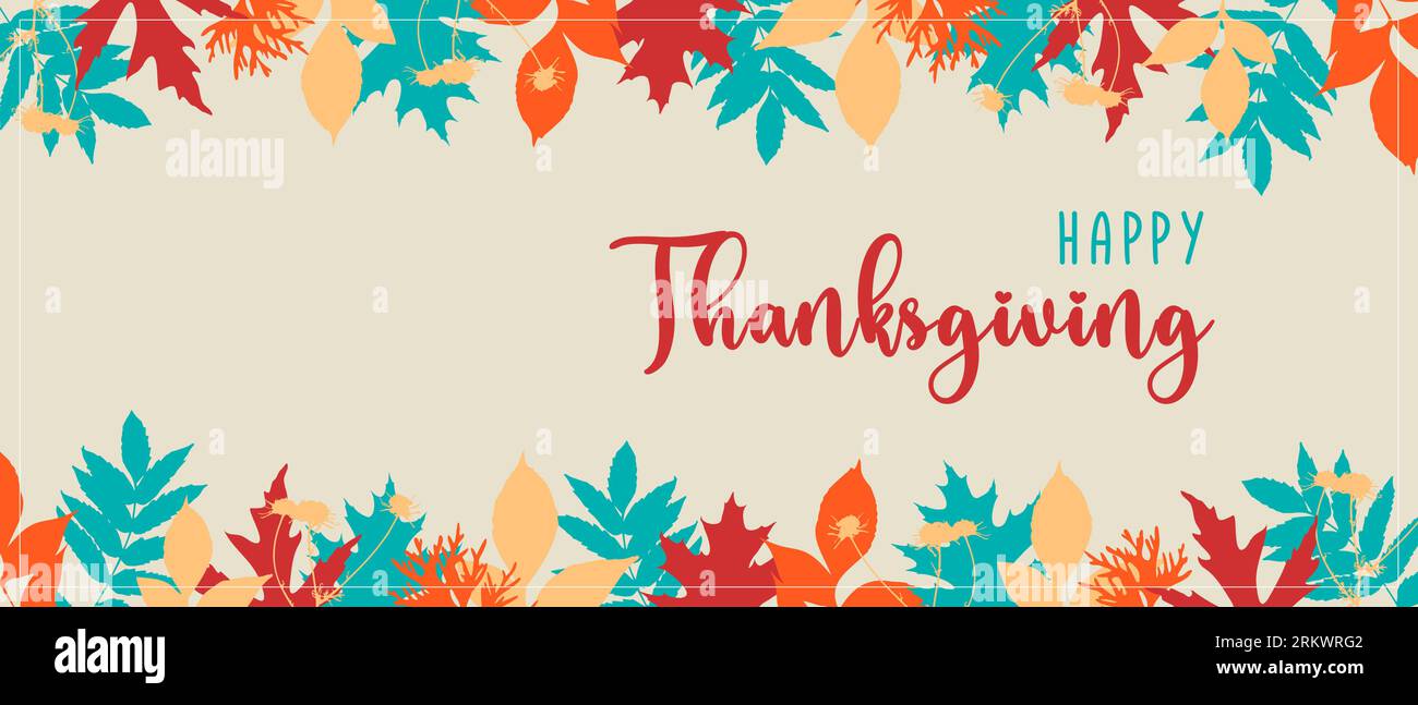 Joyeux Thanksgiving. Carte de voeux, bannière horizontale avec des feuilles d'automne bleu rouge et orange. Illustration vectorielle Illustration de Vecteur