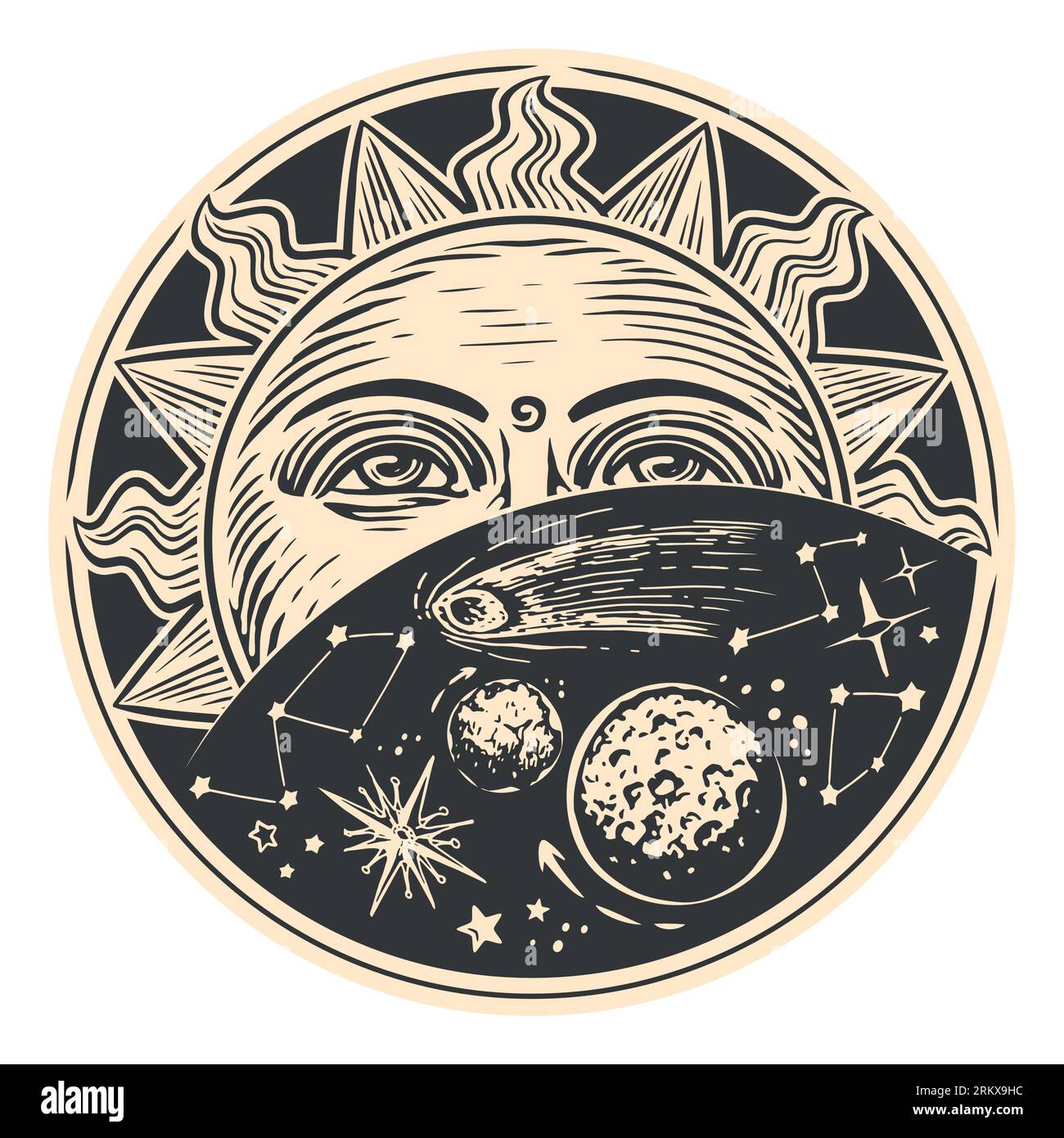 Soleil et étoiles dans l'espace. Concept astrologique. Illustration vectorielle dans le style de gravure vintage Illustration de Vecteur