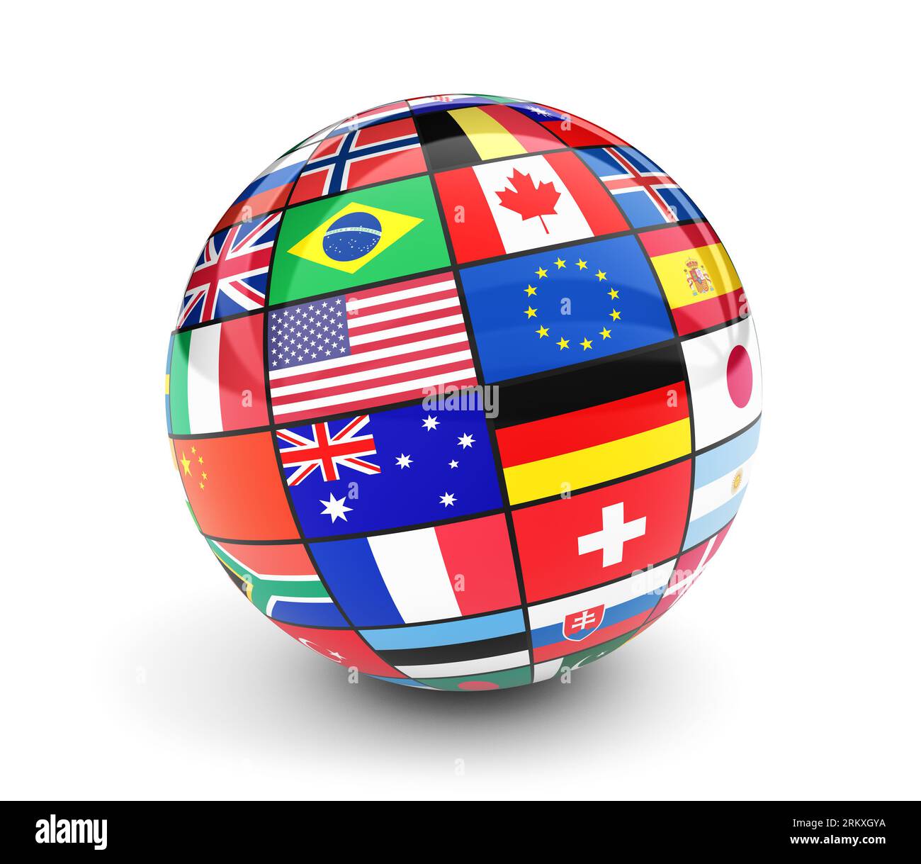 Drapeaux internationaux globe. Business, Voyage et concept de gestion globale avec drapeaux internationaux de pays du monde illustration 3D isolé sur wh Banque D'Images