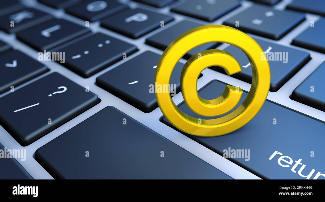 Droit d'auteur propriété intellectuelle et droit d'auteur numérique illustration conceptuelle 3D avec symbole doré et icône sur un clavier d'ordinateur portable. Banque D'Images