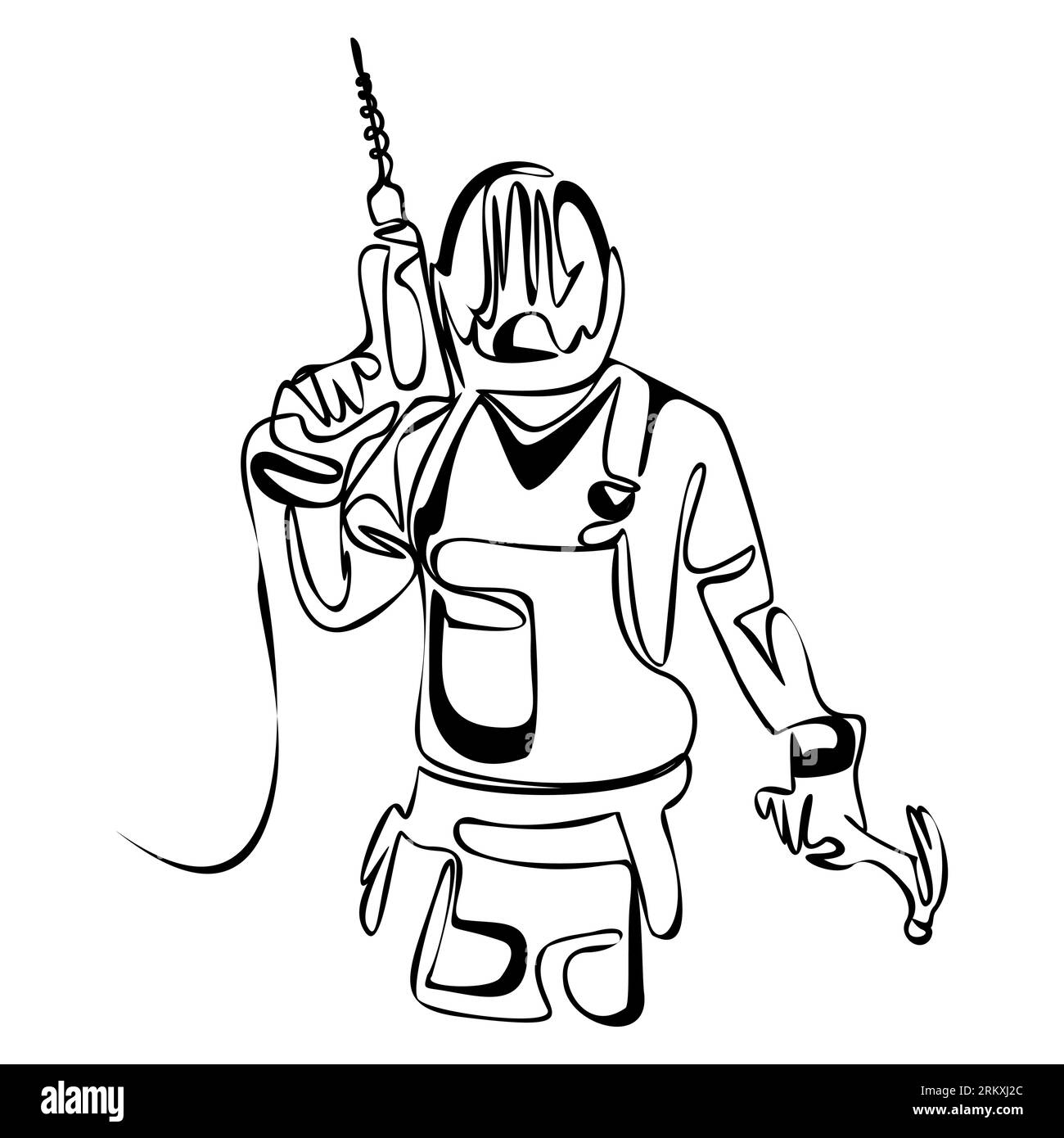 Un homme constructeur dans un casque avec une perceuse. Objet vectoriel isolé à la main sur un fond blanc Illustration de Vecteur