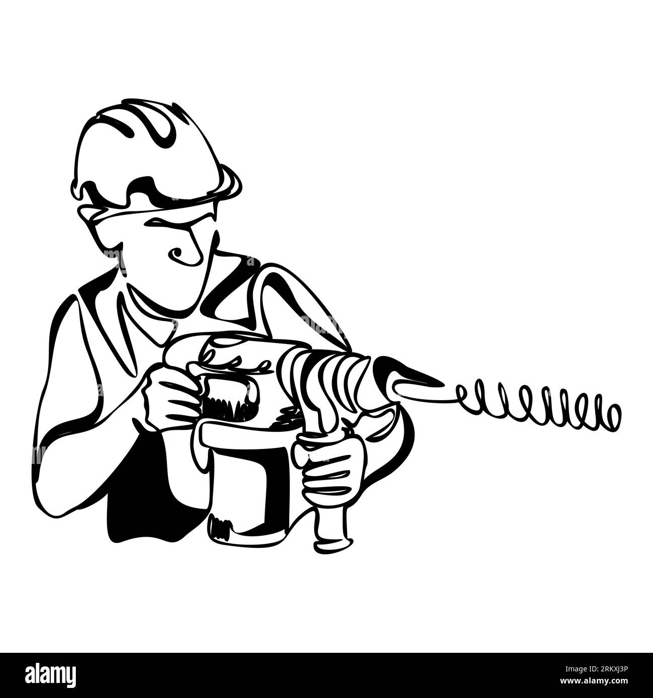 Un homme constructeur dans un casque avec une perceuse. Objet vectoriel isolé à la main sur un fond blanc Illustration de Vecteur