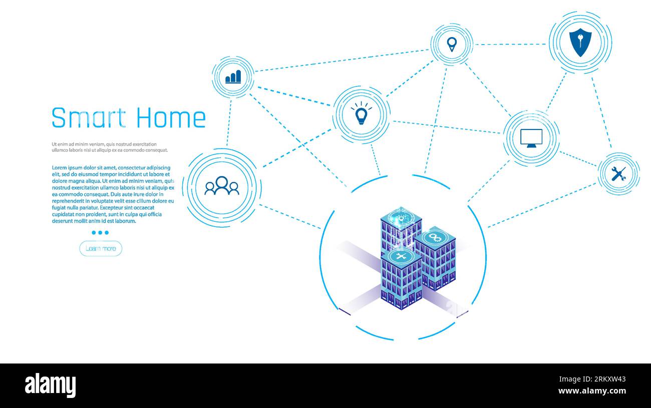 Bannière de la technologie Smart Home. Le bâtiment se compose de chiffres et est relié par des icônes d'appareils intelligents domestiques. Gestion intelligente de la maison sy Illustration de Vecteur