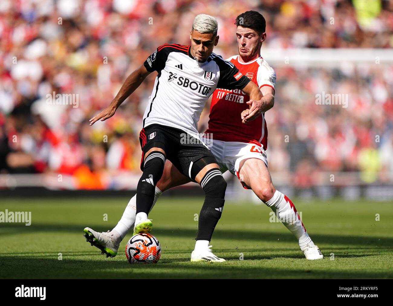 Andreas Pereira de Fulham (à gauche) et Declan Rice d'Arsenal se battent pour le ballon lors du match de Premier League à l'Emirates Stadium de Londres. Date de la photo : Samedi 26 août 2023. Banque D'Images