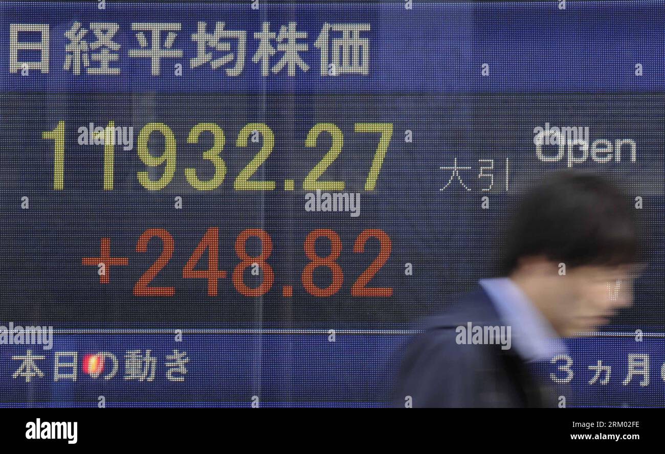 Bildnummer : 59307012 Datum : 06.03.2013 Copyright : imago/Xinhua (130306) -- TOKYO, 6 mars 2013 (Xinhua) -- Un piéton passe devant un tableau électronique montrant l'indice boursier à Tokyo, Japon, le 6 mars 2013. Nikkei a bondi de plus de 2 % mercredi, se terminant par un nouveau sommet en 53 mois, sur la hausse du Dow Jones Industrial Average au cours de la nuit pour atteindre un sommet sans précédent. Le Nikkei stock Average de 225 émissions a gagné 248,82 points, soit 2. 13 pour cent, du mardi au 11 932,27. L'indice TOPIx plus large de toutes les émissions de première Section à la Bourse de Tokyo a augmenté de 14,60 points, ou 1,48%, à 1, 003,22, Banque D'Images