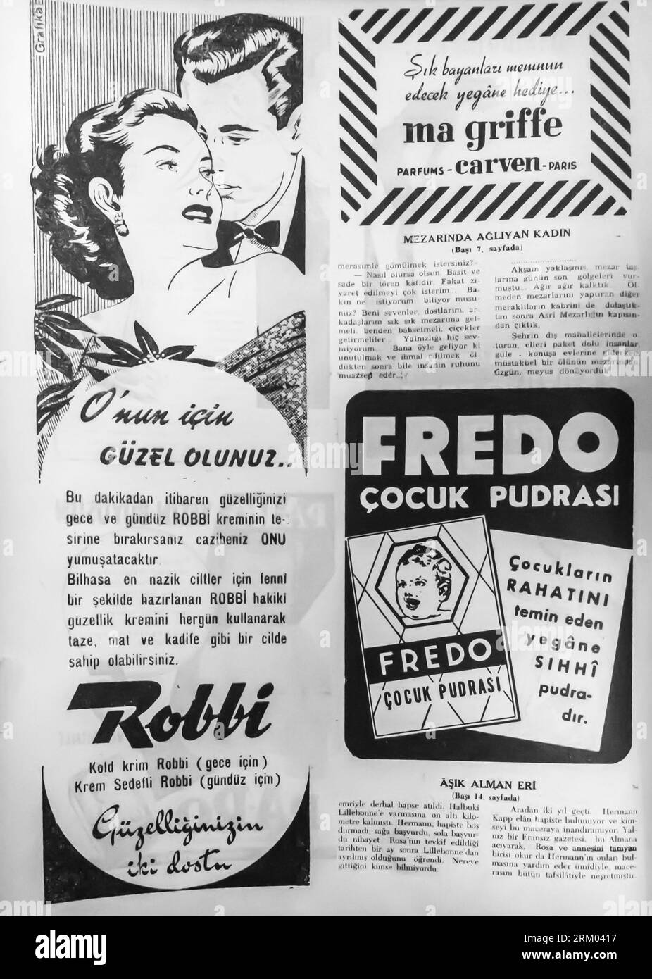 Annonces en page noir et blanc dans l'édition du magazine Hafta Lifestyle publié en Turquie, août 1952 - Robbi, Fredo, Carven Banque D'Images