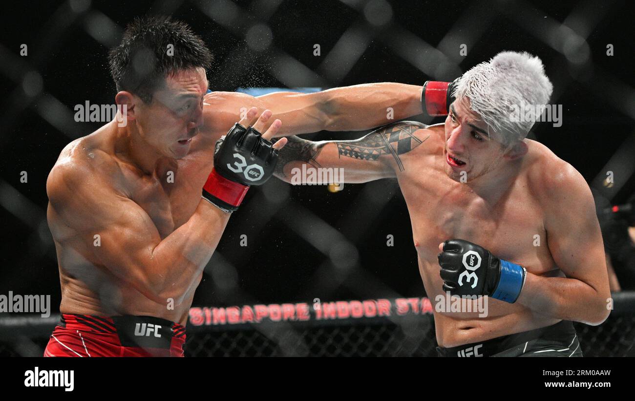 Singapour. 26 août 2023. Song Kenan (L), de Chine, se bat contre Rolando Bedoya, du Pérou, lors du combat poids-lourds de la soirée de combat de l'UFC qui s'est tenue au Singapore Indoor Stadium à Singapour le 26 août 2023. Crédit : puis Chih Wey/Xinhua/Alamy Live News Banque D'Images