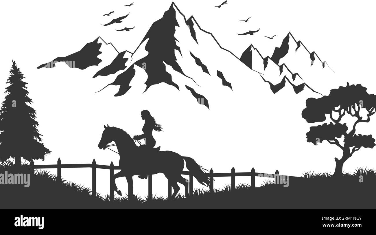 Vecteur plat dessin animé cow-boy homme d'équitation cheval isolé sur fond de paysage. Illustration 3D. Illustration de Vecteur