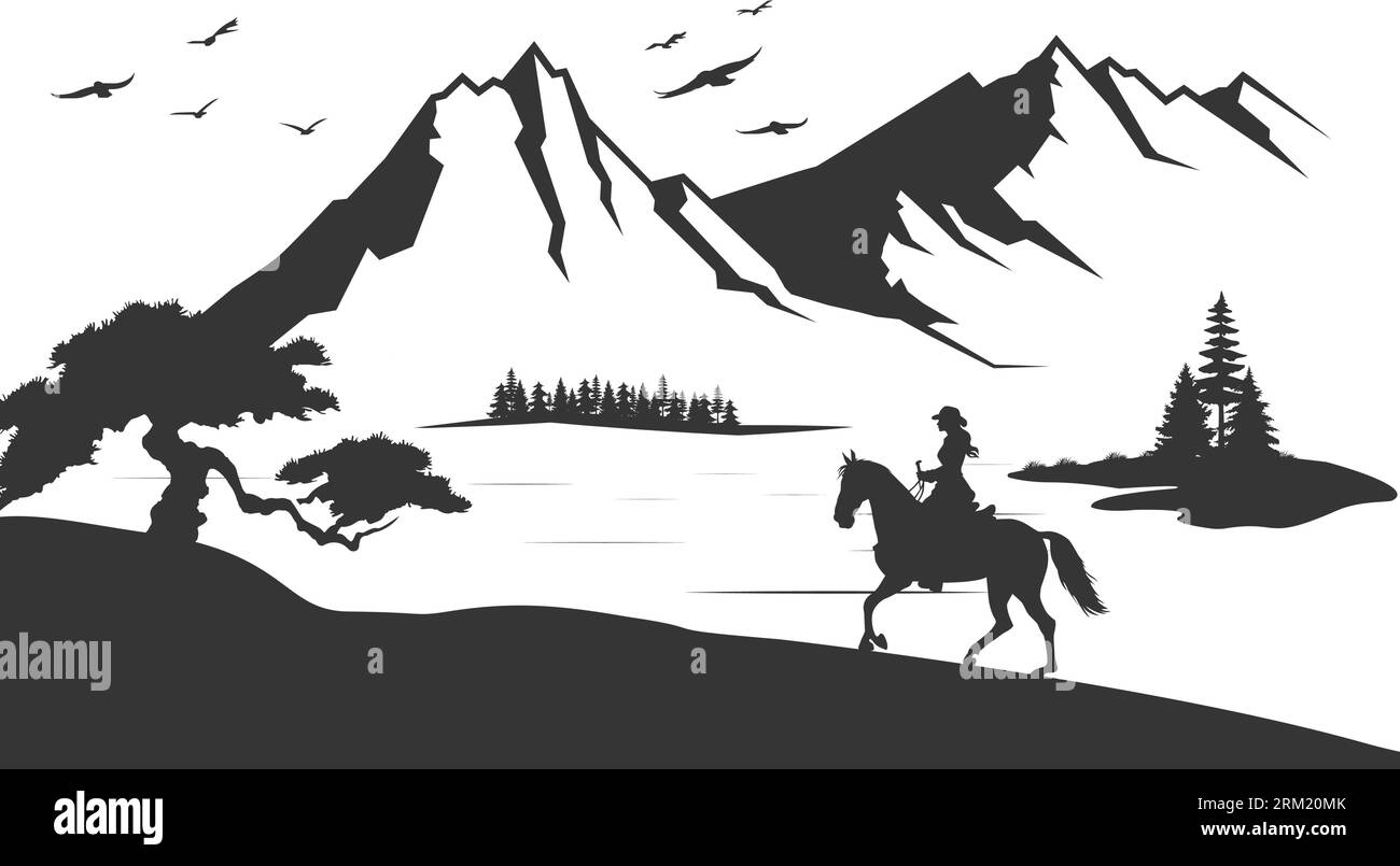 Vecteur plat dessin animé cow-boy homme d'équitation cheval isolé sur fond de paysage. Illustration 3D. Illustration de Vecteur
