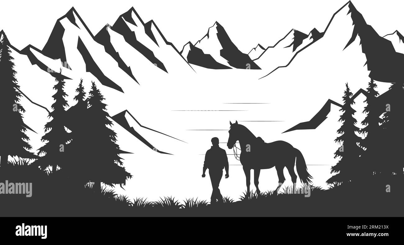 Montagne lac silhouette art graphique noir blanc paysage illustration vecteur. Illustration noir et blanc montagne et lac. Vecteur de montagne Illustration de Vecteur