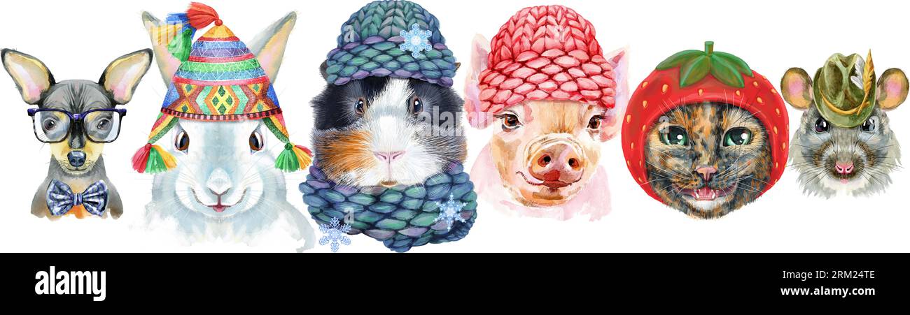 Bordure pour animaux de compagnie. Dessin aquarelle peint à la main, isoler clip art sur fond blanc. Conception de bannière Banque D'Images