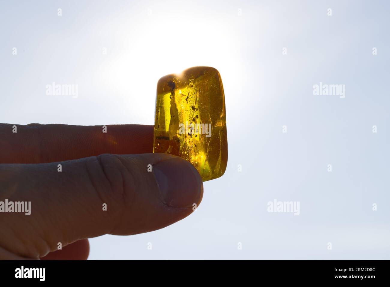 Un grand morceau d'ambre Baltique poli tenu dans une main masculine. Plage à Kolobrzeg, Pologne. Banque D'Images