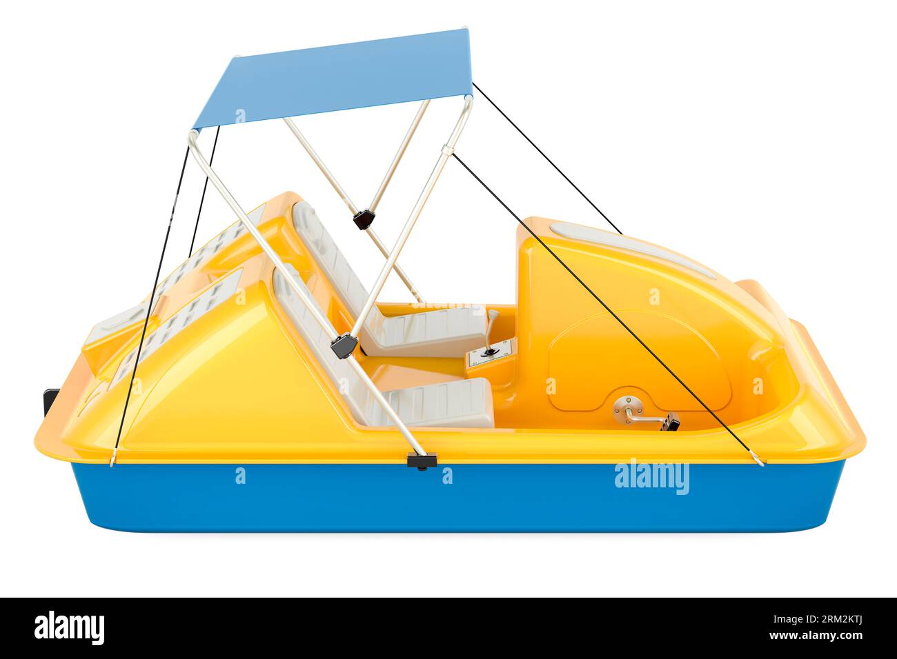 Bateau à pédales. Bateau à aubes ou pédalo avec auvent, vue latérale. Rendu 3D isolé sur fond blanc Banque D'Images