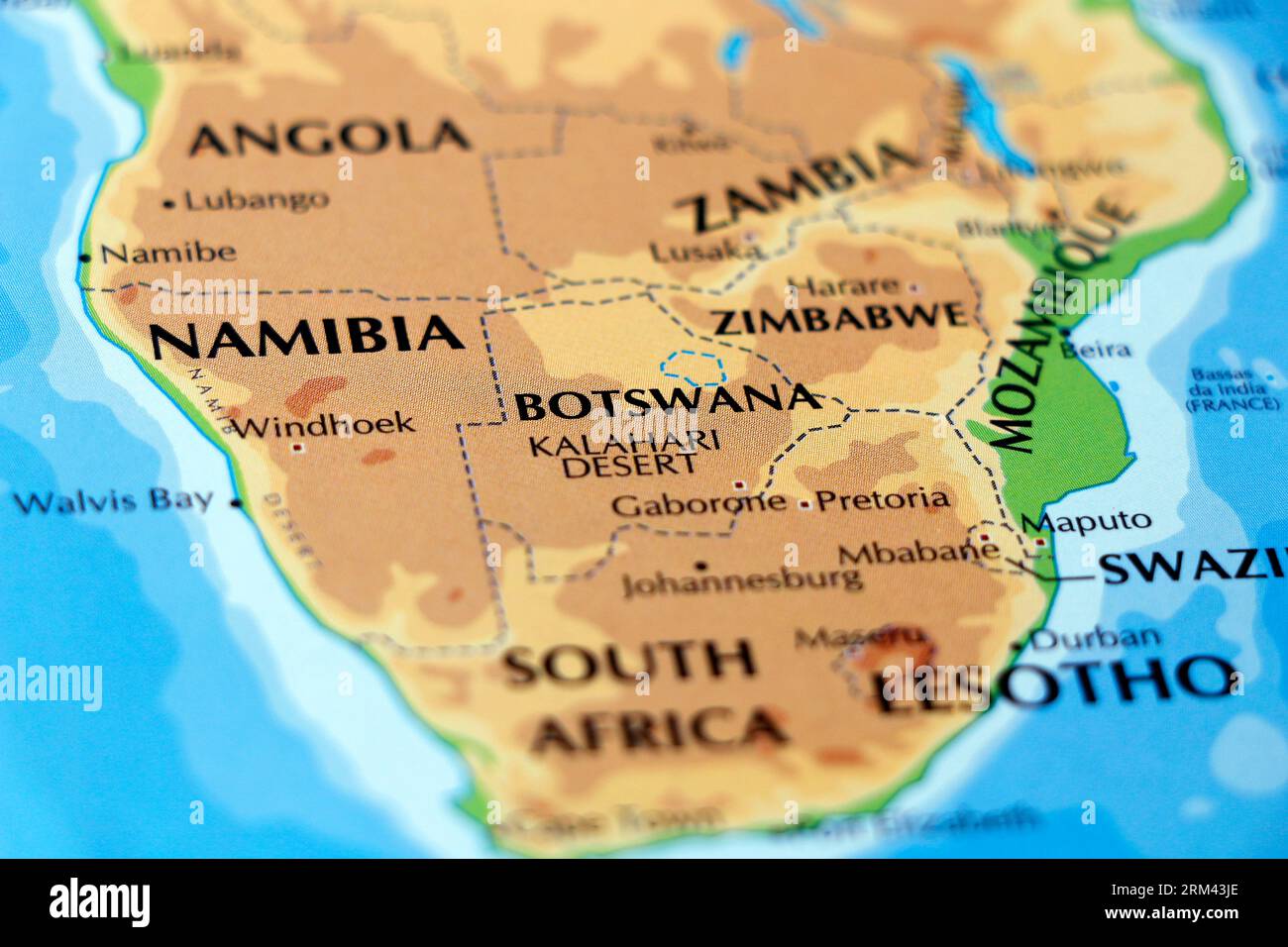 carte du monde afrique centrale et du sud, zimbabwe, botswana, namibie, mozambique pays en gros plan Banque D'Images