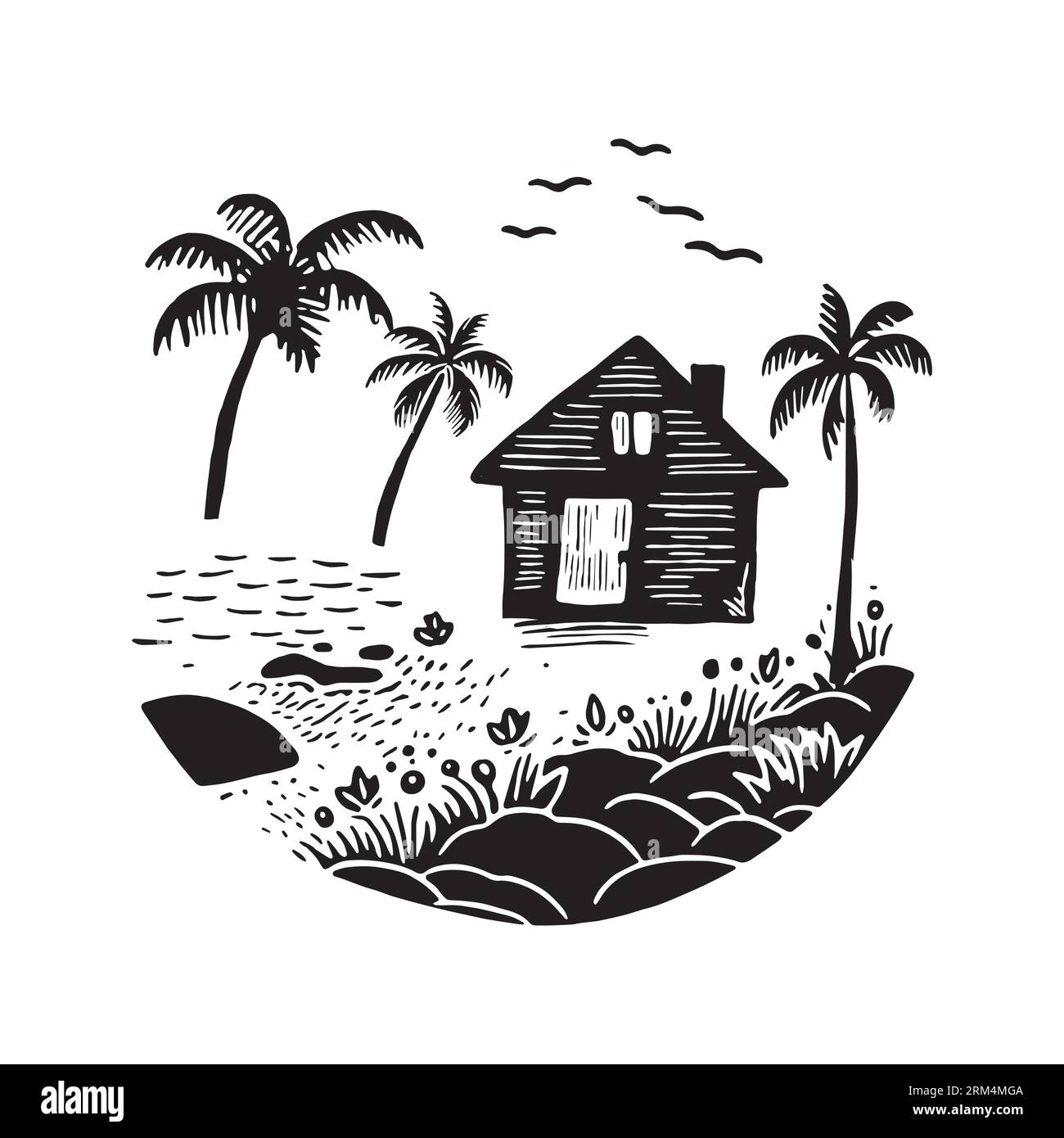 Illustration d'impression de bloc de cabane de plage fantaisiste pour le concept de voyage tropical. Vecteur maison côtière avec palmier stylisé pour les vacances. Illustration de Vecteur