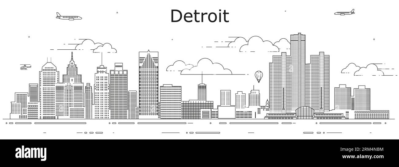 Illustration vectorielle de dessin au trait de paysage urbain de Détroit Illustration de Vecteur