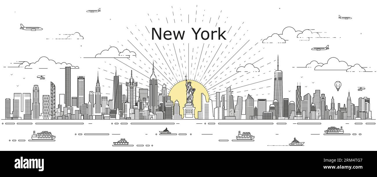 Illustration vectorielle de dessin de ligne de paysage urbain de New York Illustration de Vecteur