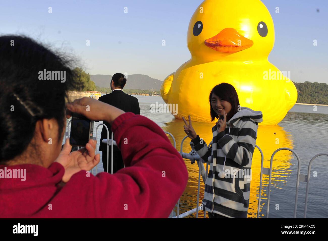 Bildnummer : 60527665 Datum : 26.09.2013 Copyright : imago/Xinhua (130926) -- BEIJING, 26 septembre 2013 (Xinhua) -- Un visiteur pose pour des photos avec un canard géant en caoutchouc sur le lac Kunming au Palais d'été de Beijing, capitale de la Chine, le 26 septembre 2013. Le canard gonflable de 18 mètres de haut restera au Palais d'été, un lieu touristique célèbre de Pékin, jusqu'au 26 octobre. (Xinhua/Hu Chao) (ry) CHINE-PÉKIN-CANARD GÉANT EN CAOUTCHOUC (CN) PUBLICATIONxNOTxINxCHN Gesellschaft x2x xkg 2013 quer o0 Kultur Gummiente Ente 60527665 Date 26 09 2013 Copyright Imago XINHUA Pékin sept 26 2013 XINHUA a Visiteur pose f Banque D'Images