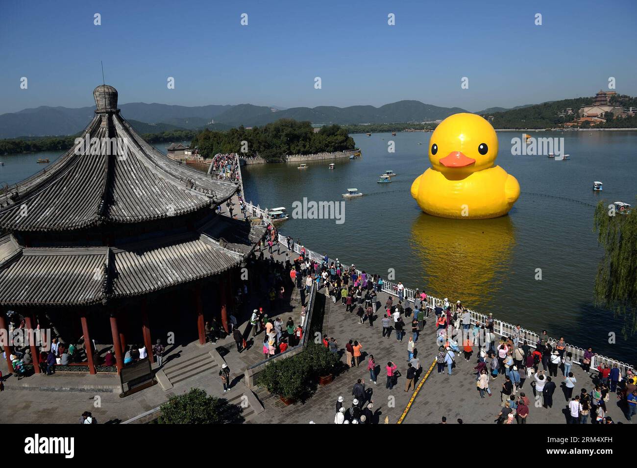 Bildnummer : 60527731 Datum : 26.09.2013 Copyright : imago/Xinhua (130926) -- BEIJING, 26 septembre 2013 (Xinhua) -- Un canard géant en caoutchouc est vu sur le lac Kunming au Palais d'été de Beijing, capitale de la Chine, le 26 septembre 2013. Le canard gonflable de 18 mètres de haut restera au Palais d'été, un lieu touristique célèbre de Pékin, jusqu'au 26 octobre. (Xinhua/Li Xin) (ry) CHINE-PÉKIN-CANARD GÉANT EN CAOUTCHOUC (CN) PUBLICATIONxNOTxINxCHN Gesellschaft x2x xkg 2013 quer premiumd o0 Kultur Gummiente ente ente 60527731 Date 26 09 2013 Copyright Imago XINHUA Beijing sept 26 2013 XINHUA un canard en caoutchouc géant EST Lakes ON Banque D'Images