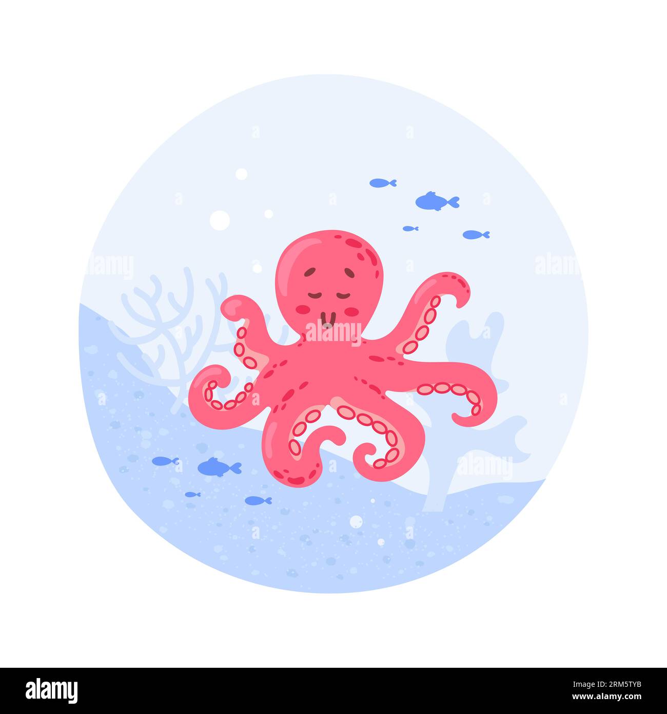 Mignon personnage de poulpe rose de dessin animé nage dans la mer près de la barrière de corail. Poissons et algues, habitants de la mer et de l'océan. Pour autocollants, affiches, cartes postales, Illustration de Vecteur