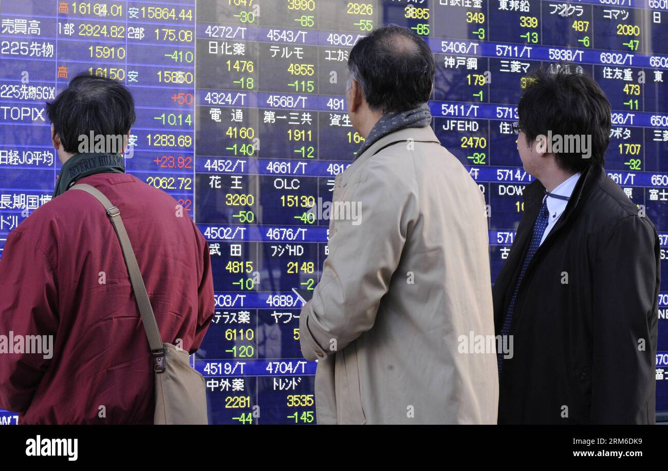 (140106) -- TOKYO, 6 janv. 2014 (Xinhua) -- les gens regardent un tableau électronique montrant l'indice boursier à Tokyo, Japon, le 6 janvier 2014. La moyenne des actions Nikkei sur 225 émissions a clôturé à 382,43 points par rapport à la fin de 2013 à 15 908,88. (Xinhua/Stringer) (bxq) JAPAN-TOKYO-NIKKEI PUBLICATIONxNOTxINxCHN Tokyo Jan 6 2014 les célébrités de XINHUA regardent le tableau électronique montrant l'indice Stick à Tokyo Japon Jan 6 2014 l'édition 225 Nikkei Stick Average a fermé 382 43 points de fin 2013 À 15 908 88 XINHUA Stringer Japon Tokyo Nikkei PUBLICATIONxNOTxINxCHN Banque D'Images