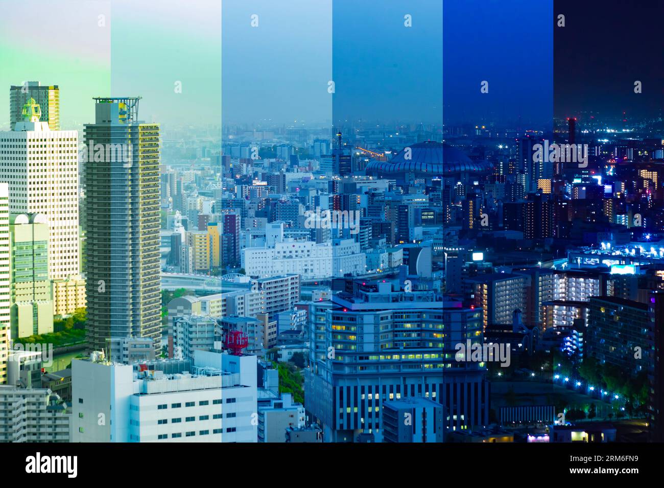 Une photographie découpée du paysage urbain par vue à grand angle près du dôme Kyocera à Osaka Banque D'Images