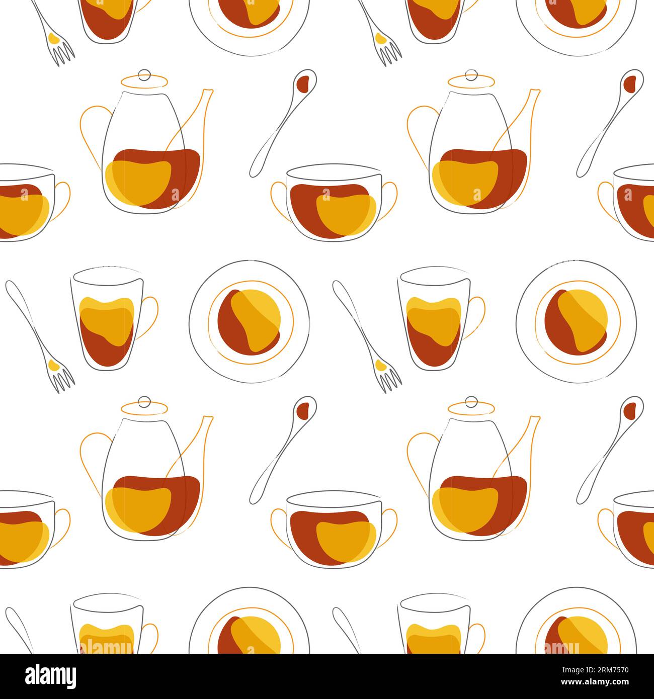 Cuisine modèle de cuisson avec théière tasse assiette fourchette cuillère dans le style doodle. Illustration vectorielle Illustration de Vecteur
