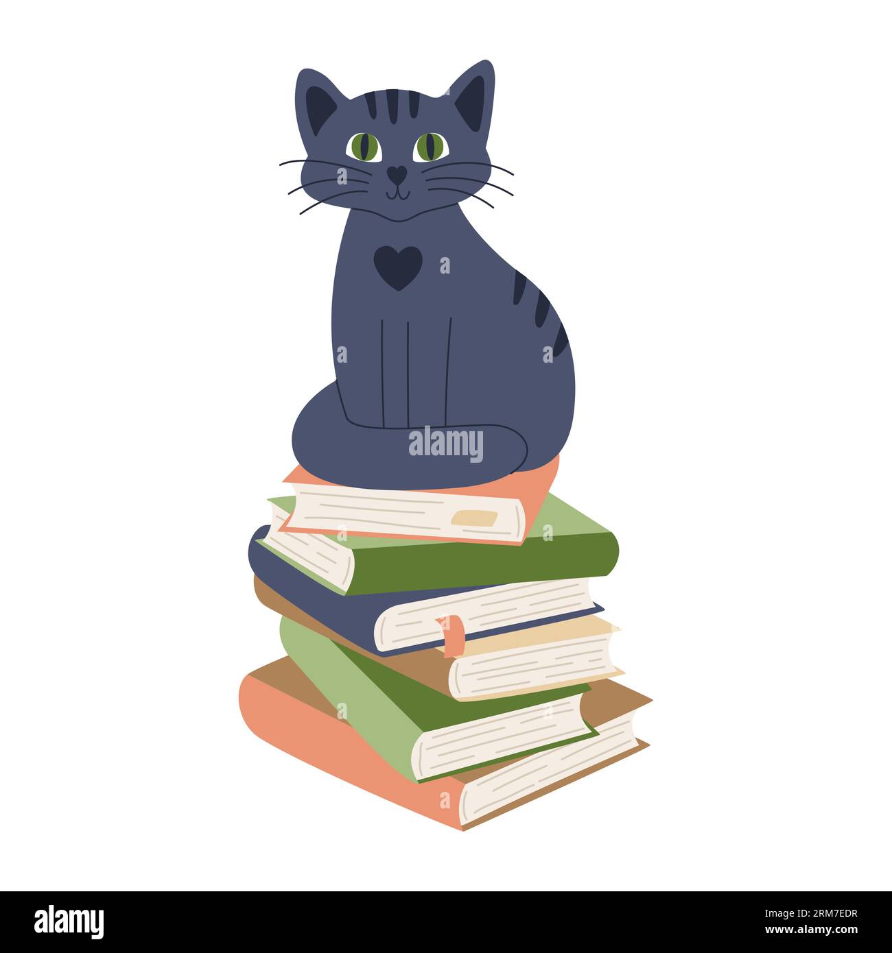 Un chat mignon assis sur un tas de livres. Pile de livres à couverture rigide en papier avec signets. Bibliothèque personnelle. Illustration vectorielle de dessin animé plat isolé sur un blanc Illustration de Vecteur