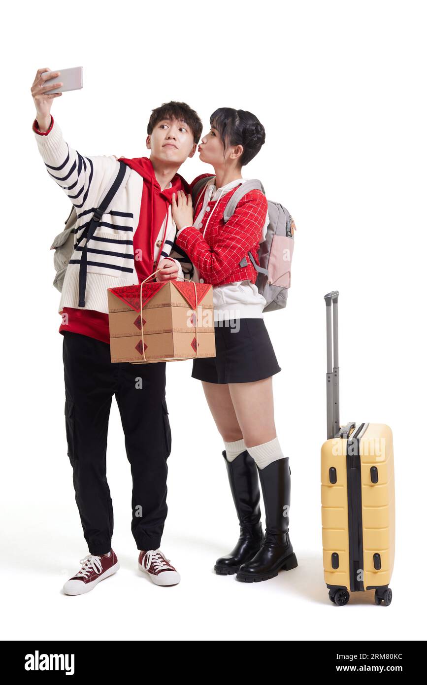 Couple avec selfies smart phone Banque D'Images
