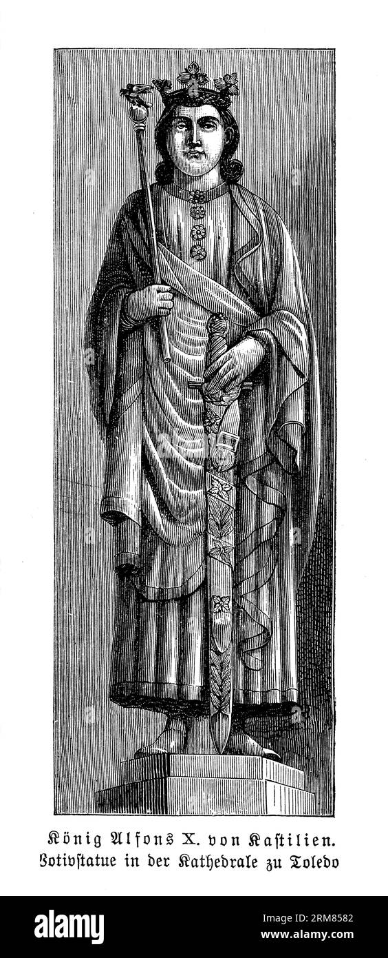 Statue votive du roi Alphonse X de Castille dans la cathédrale de Tolède, également connu sous le nom d'Alphonse le Sage (1221-1284), était un monarque médiéval qui régna sur le Royaume de Castille et León de 1252 jusqu'à sa mort. Alfonso X est remarquable pour son patronage des arts, des sciences et de la culture qui lui a valu l'épithète « le sage ». Banque D'Images