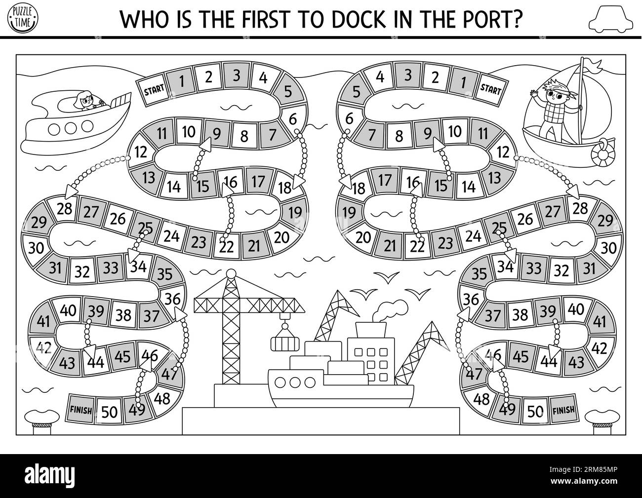 Jeu de société de dés de compétition noir et blanc de transport de ville avec des bateaux, port maritime. Jeu de société de transport aquatique pour les enfants avec hors-bord, yacht. Imprimable l Illustration de Vecteur