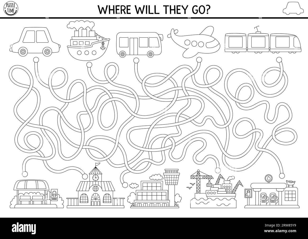 Labyrinthe noir et blanc de transport pour les enfants avec air, eau, transport terrestre. Activité imprimable préscolaire ligne. Jeu de labyrinthe, coloriage avec ca Illustration de Vecteur