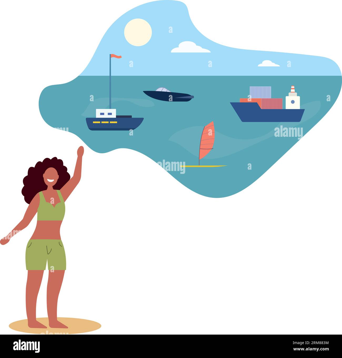 Navires en mer. Boays et yachts avec drapeau uner eau. Transport de marchandises et commerce international, importation et exportation de marchandises, globalisation.Flat vect Illustration de Vecteur