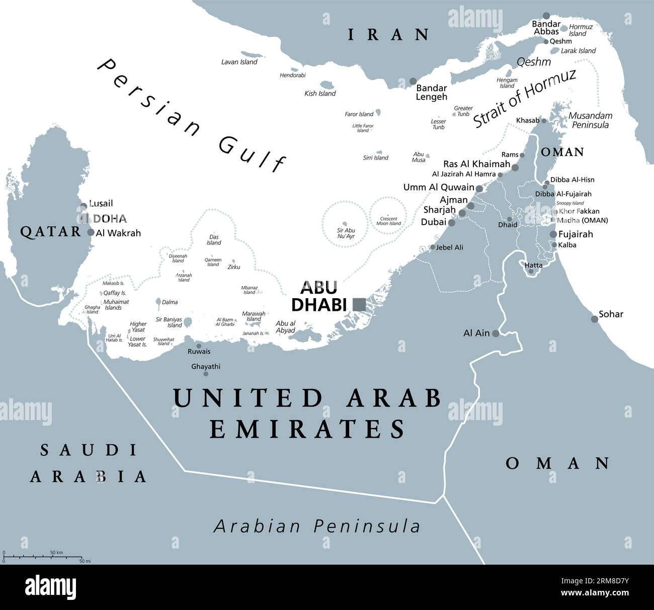 Émirats arabes Unis, eau, carte politique grise. Les Émirats, un pays du Moyen-Orient à la péninsule arabique, entre Oman et l'Arabie Saoudite. Banque D'Images