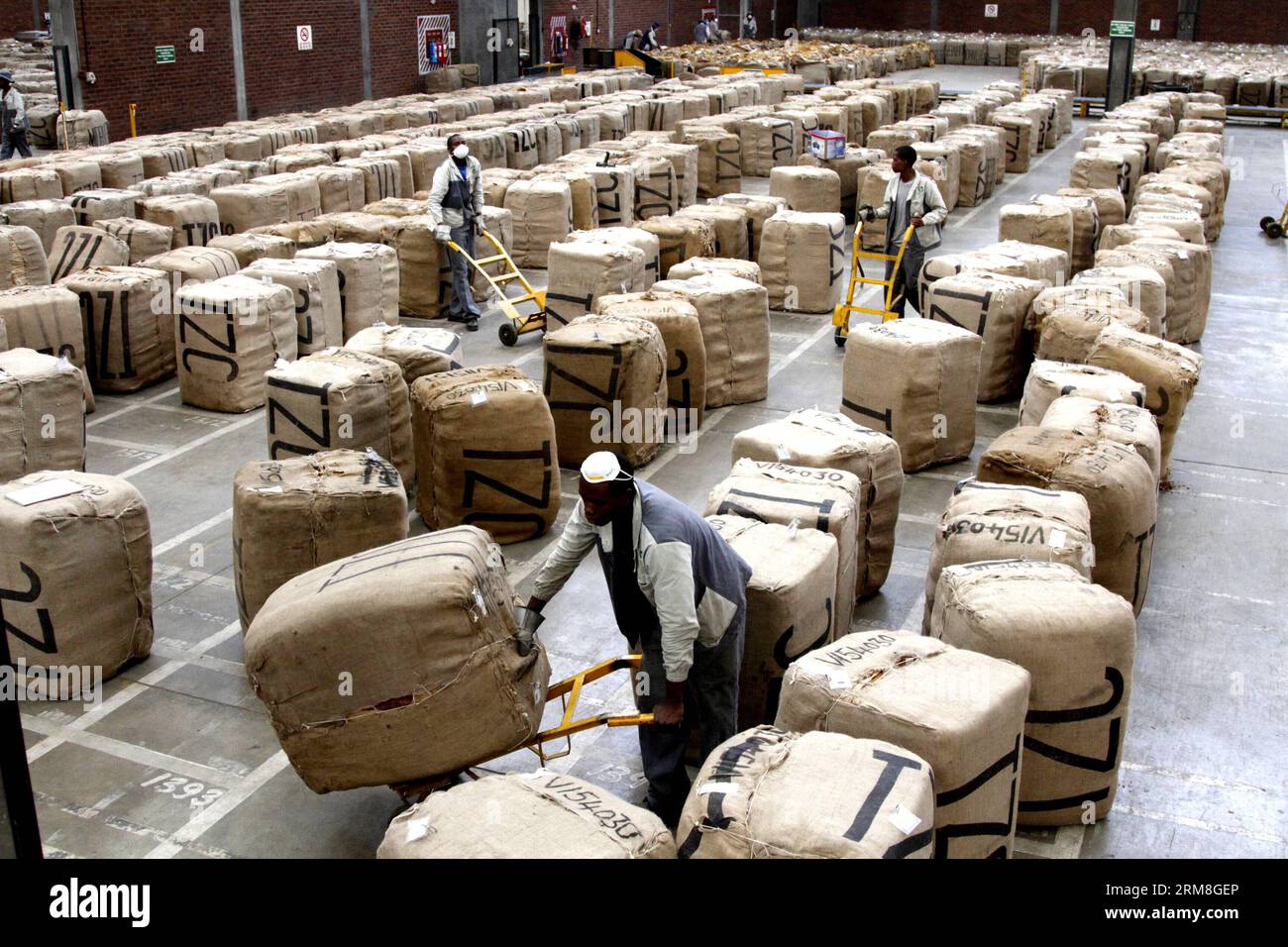 Les travailleurs zimbabwéens de la société chinoise Tian Ze Tobacco organisent des sacs de feuilles de tabac à l entrepôt de la société dans la banlieue sud de Harare, Zimbabwe, le 11 avril 2014. La Chine est le plus gros acheteur de tabac zimbabwéen. Tian Ze, une filiale de China Tobacco, dit qu'elle prévoit d'étendre ses projets de culture contractuelle du tabac au Zimbabwe, visant à acheter 17 000 tonnes de feuilles de tabac à plus de 200 fermes contractuelles, qui représentent 10 pour cent de la production annuelle de tabac du pays. (Xinhua/Wang Yue) ZIMBABWE-HARARE-TABAC EXPORT-SOCIÉTÉ CHINOISE PUBLICATIONxNOTxINxCHN travailleurs zimbabwéens de Chines Banque D'Images