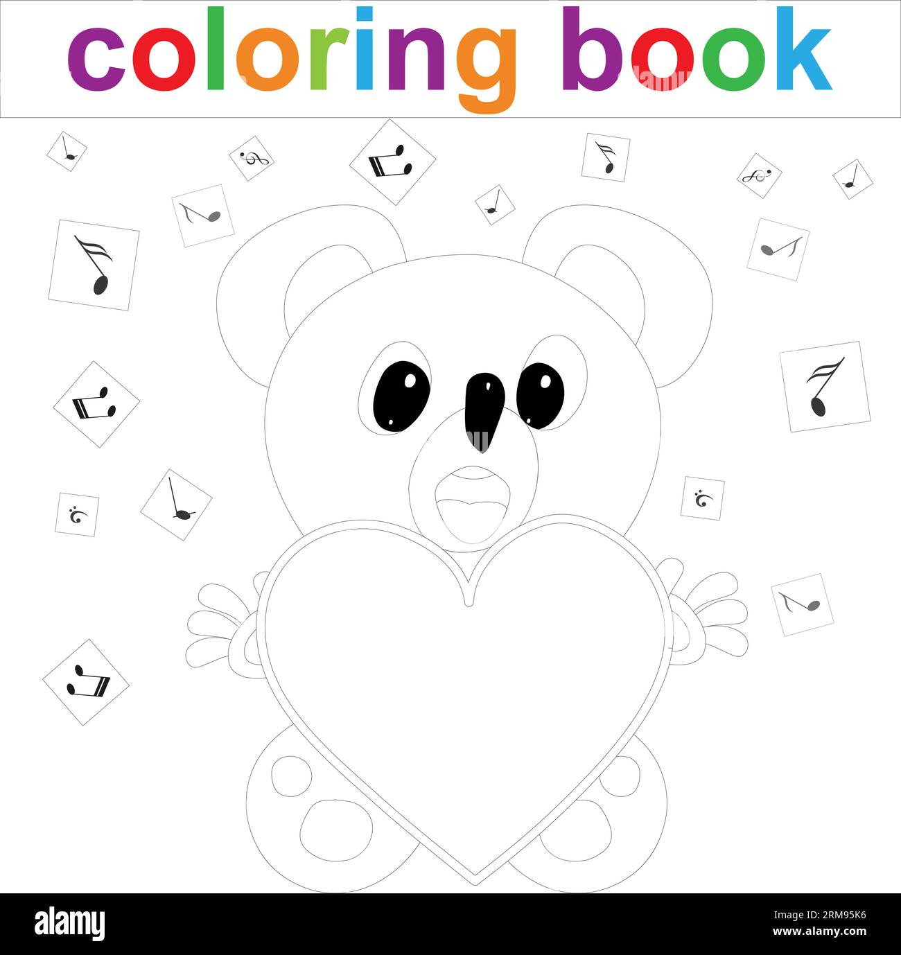 Modèle de page de coloriage avec ours en peluche de dessin animé, coeur et notes de musique pour les enfants. Illustration vectorielle Illustration de Vecteur