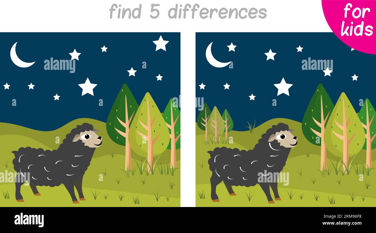 Les moutons marchent la nuit sur une prairie verdoyante. Jeu de logique pour enfants. Vous devez trouver 5 différences. Page imprimable pour livre ou jeu pour enfants. Developme Illustration de Vecteur