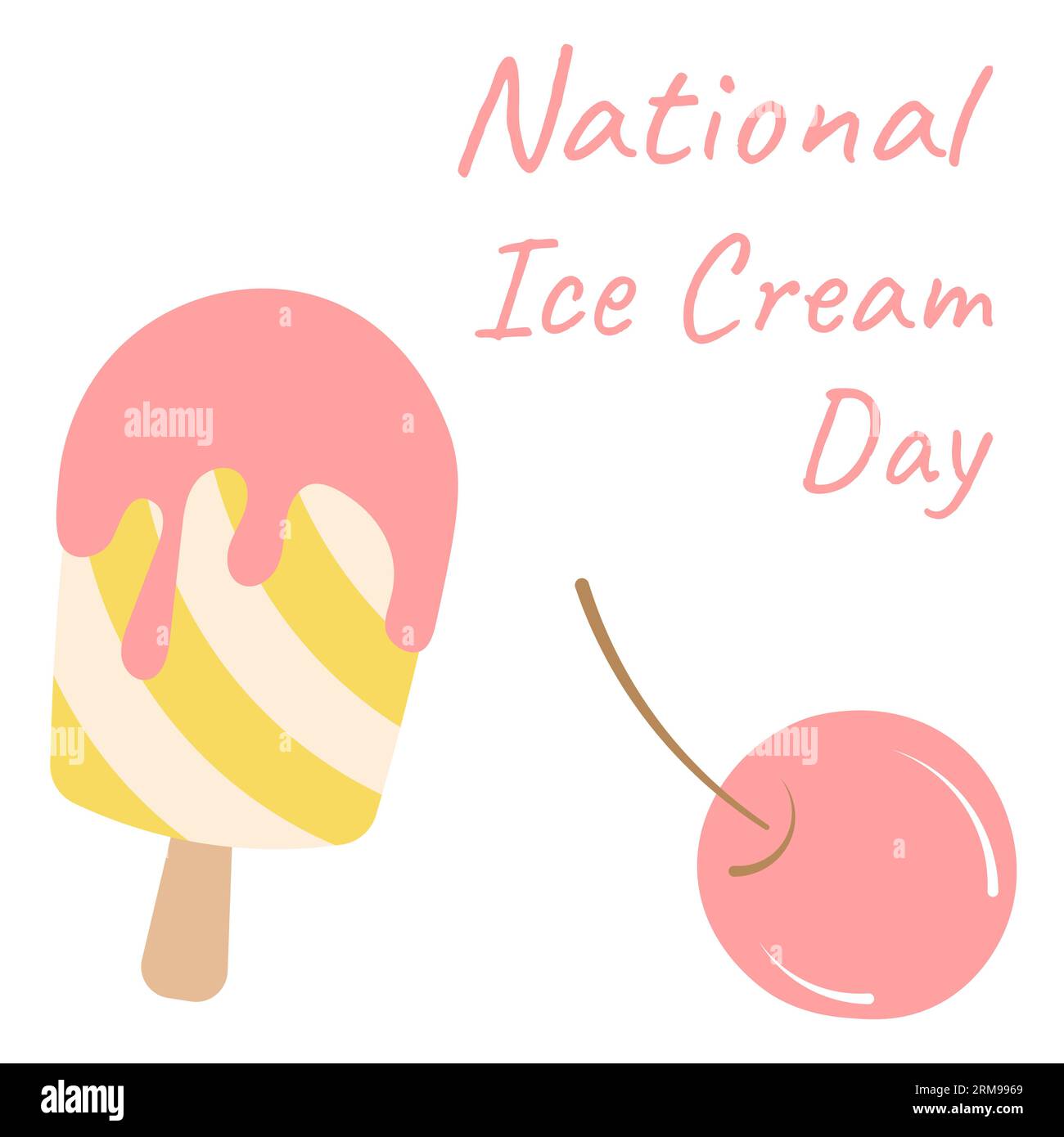 Crème glacée sur un bâton et cerise sur un fond blanc. Lettrage « National Ice Cream Day ». Illustration vectorielle Illustration de Vecteur