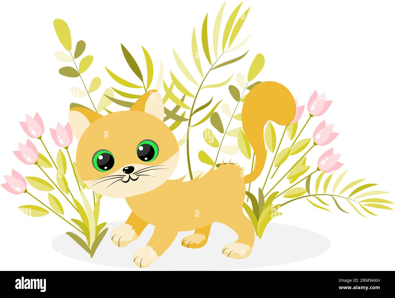 Chaton rouge se promène près des plantes et des tulipes. Illustration vectorielle isolée sur fond blanc. Illustration de Vecteur