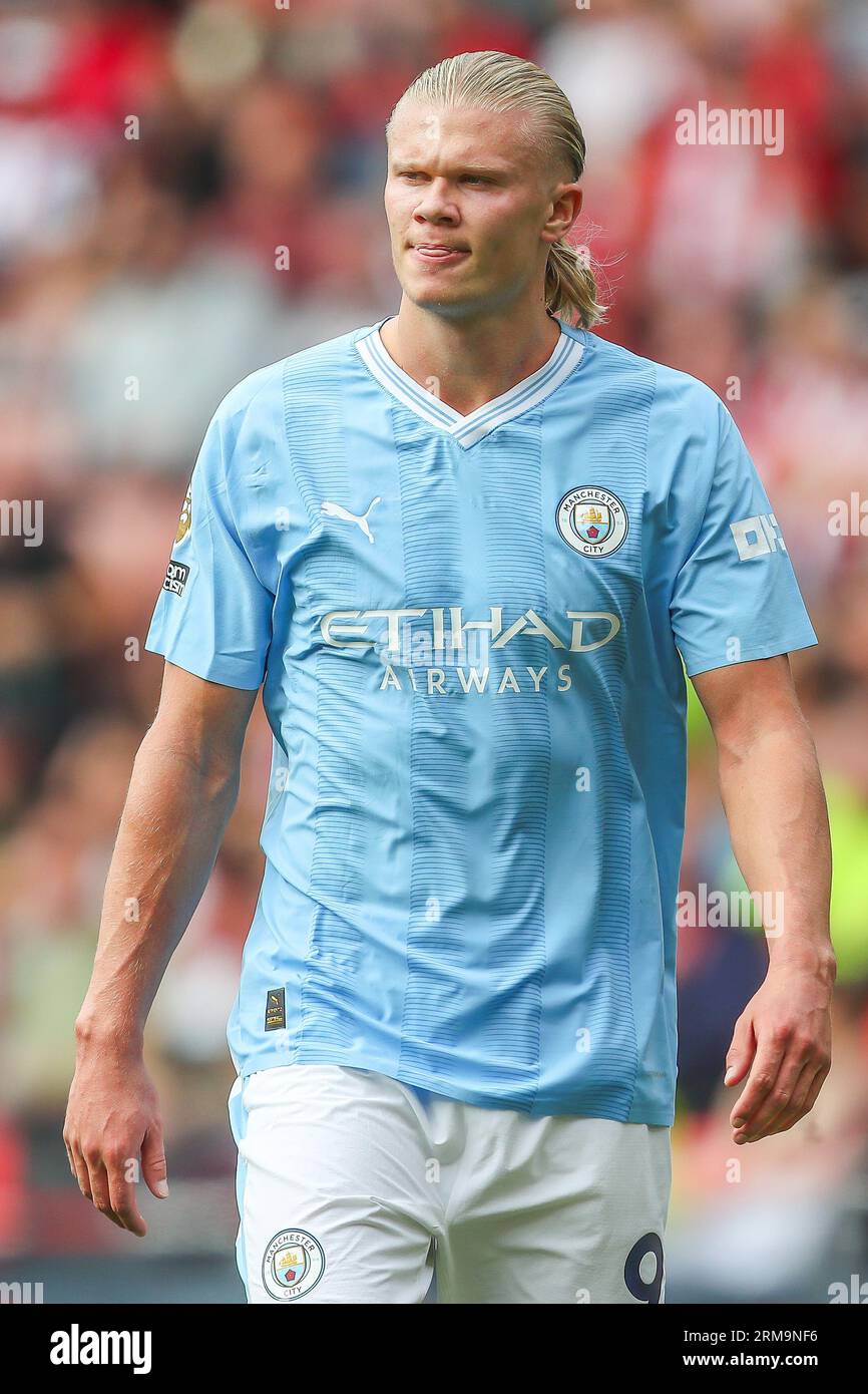 Erling Håland #9 de Manchester City lors du match de Premier League Sheffield United vs Manchester City à Bramall Lane, Sheffield, Royaume-Uni, le 27 août 2023 (photo Gareth Evans/News Images) in, le 8/27/2023. (Photo Gareth Evans/News Images/Sipa USA) crédit : SIPA USA/Alamy Live News Banque D'Images