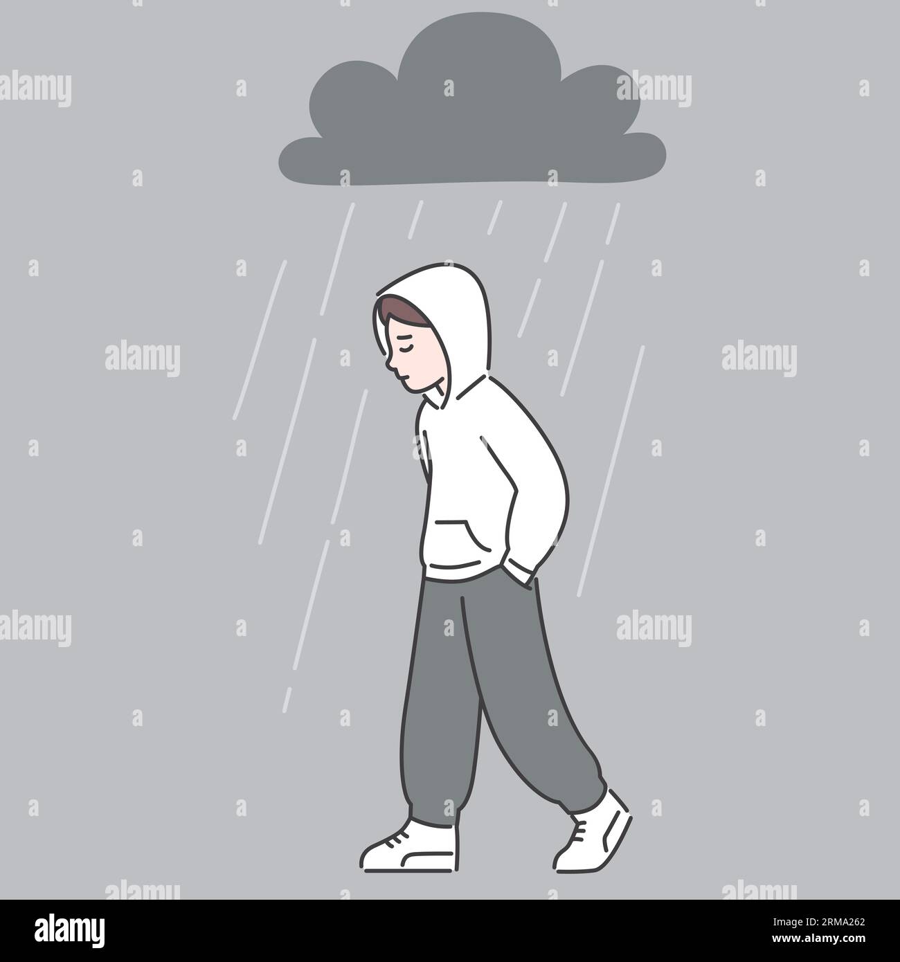 Enfant triste déprimé ou adolescent marchant sous la pluie. Santé mentale et humeur dessin simple, illustration clip art vectorielle. Illustration de Vecteur