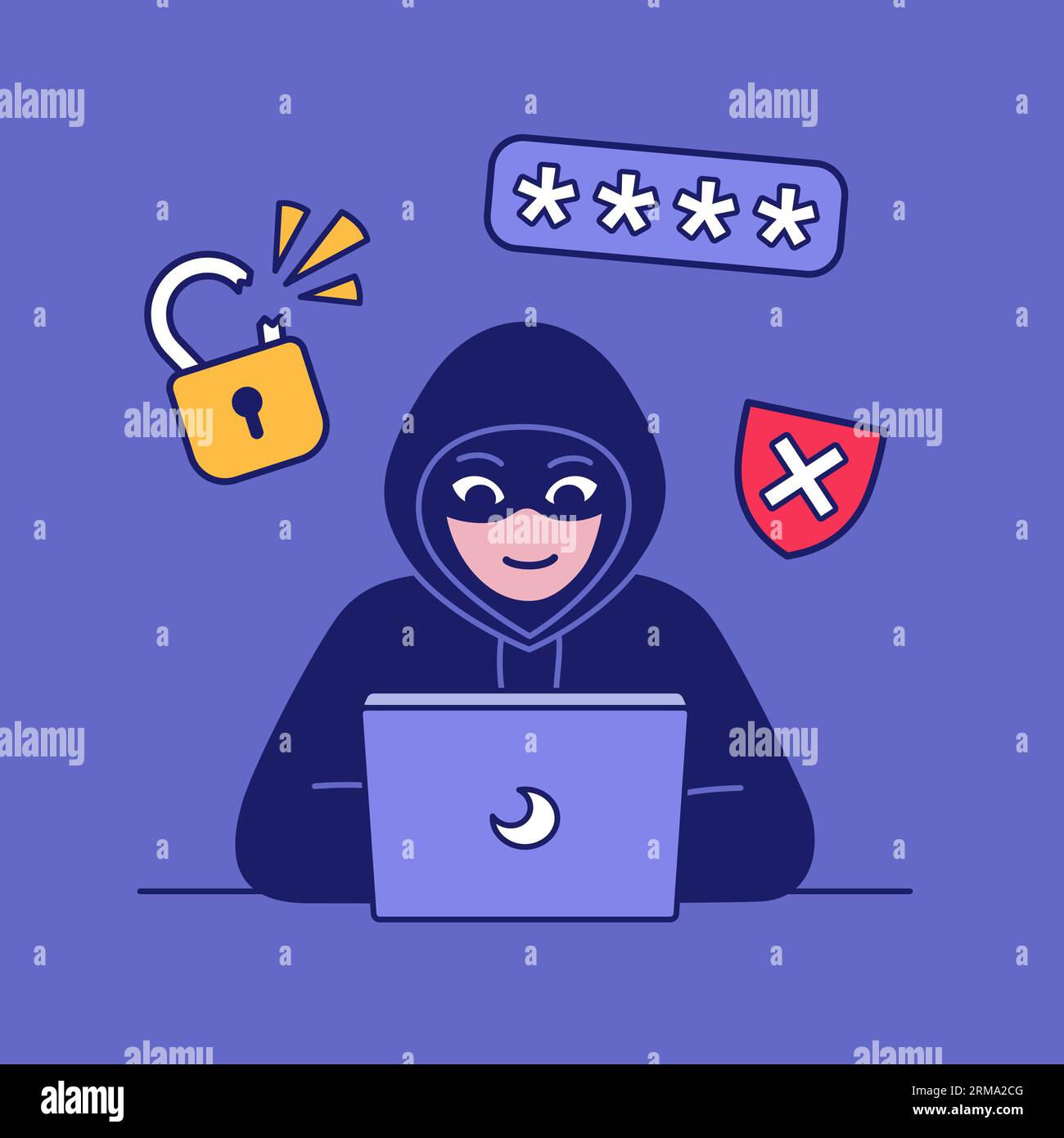 Pirate avec un ordinateur portable volant des mots de passe et brisant des données confidentielles. Illustration des vecteurs de cyber-attaque et de sécurité. Illustration de Vecteur