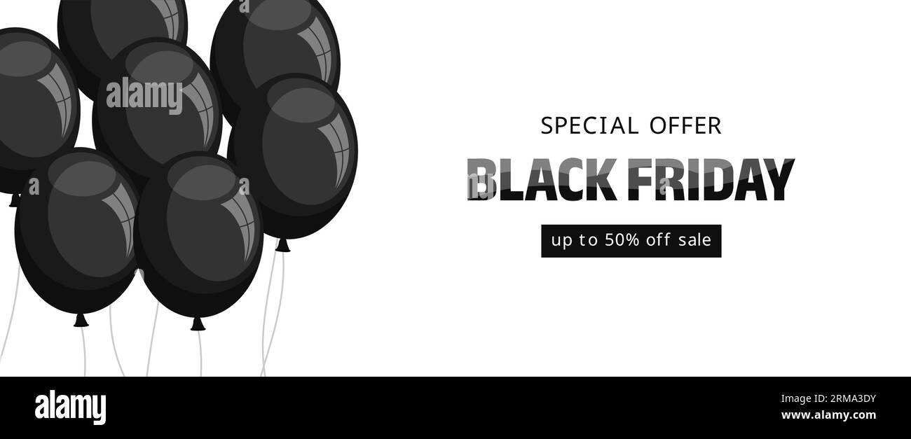 Bannière de vente Black friday. Ballons noirs sur fond blanc avec typographie. Illustration vectorielle plate Illustration de Vecteur
