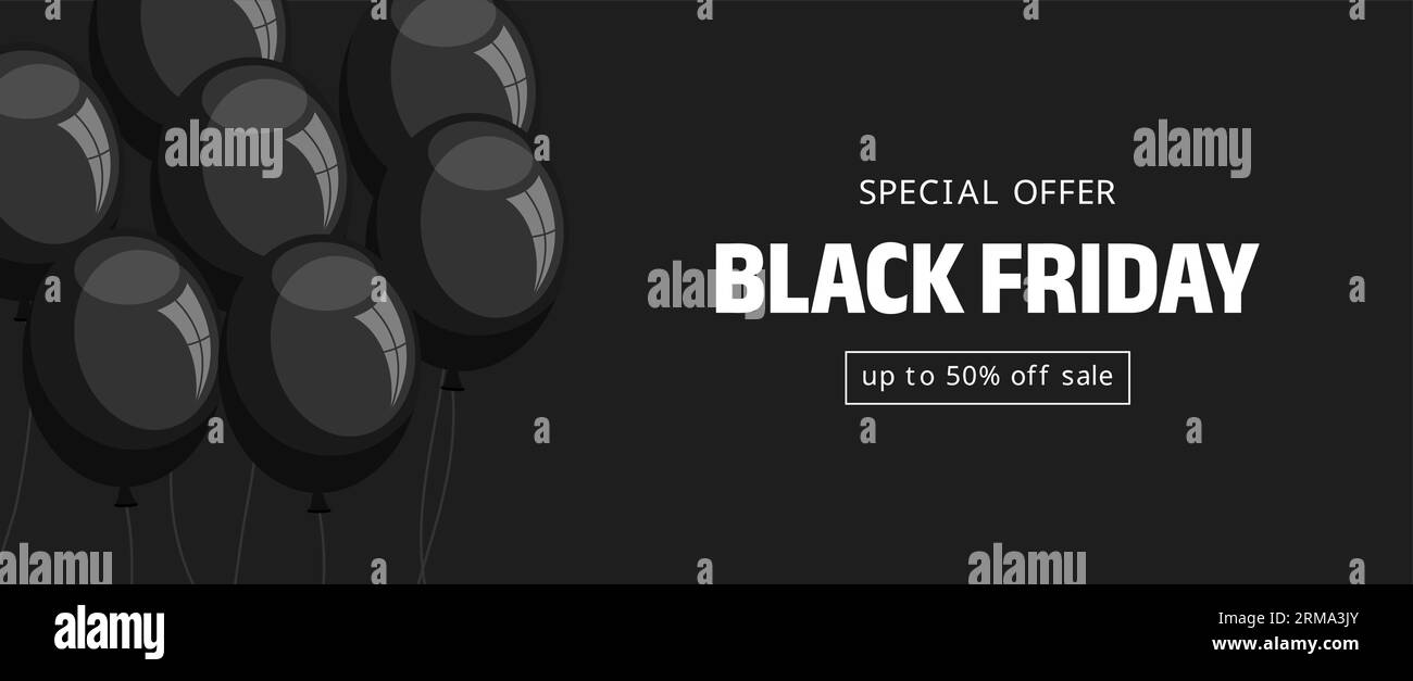 Bannière de vente Black friday. Ballons noirs sur fond noir avec typographie. Illustration vectorielle plate Illustration de Vecteur