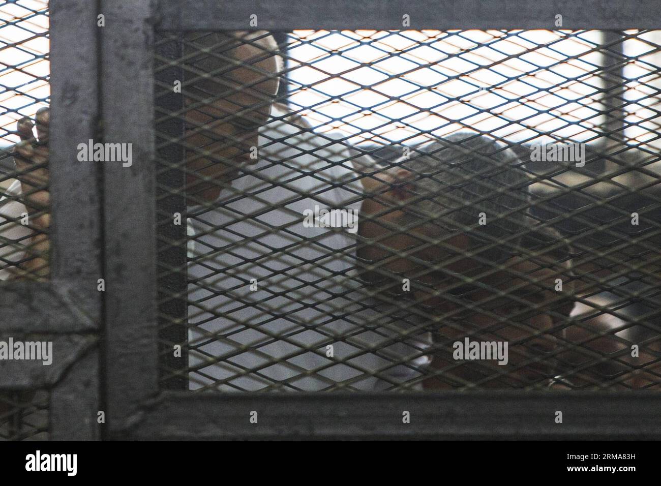 (140623) -- LE CAIRE, 23 juin 2014 (Xinhua) -- le journaliste égypto-canadien Mohamed Fadel Fahmy (C) et le journaliste australien Peter Greste (1e L) se tiennent derrière les barreaux alors qu'ils écoutent le verdict d'un tribunal du Caire, le 23 juin 2014. Un tribunal égyptien a condamné trois journalistes d'Al Jazeera de sept à dix ans pour avoir aidé les Frères musulmans actuellement inscrits sur la liste noire. (Xinhua/Cui Xinyu) (srb) ÉGYPTE-CAIRE-TRIAL-AL JAZEERA-VERDICT PUBLICATIONxNOTxINxCHN le Caire juin 23 2014 XINHUA le journaliste égyptien canadien Mohamed Fadel Fahmy C et le journaliste australien Peter 1st l se tiennent derrière les barreaux Banque D'Images