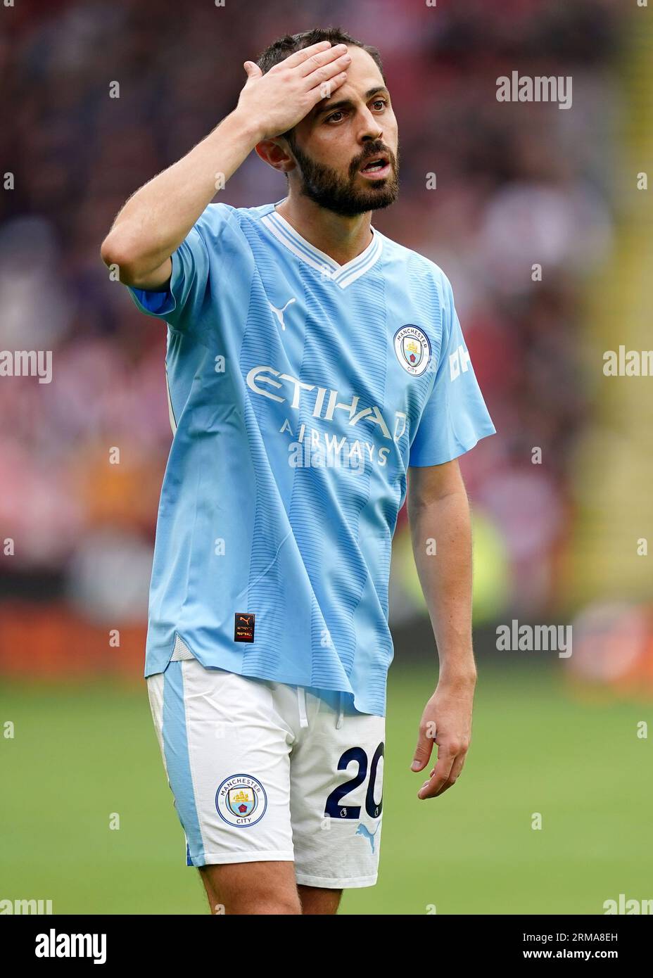 Bernardo Silva de Manchester City réagit lors du match de Premier League à Bramall Lane, Sheffield. Date de la photo : dimanche 27 août 2023. Banque D'Images