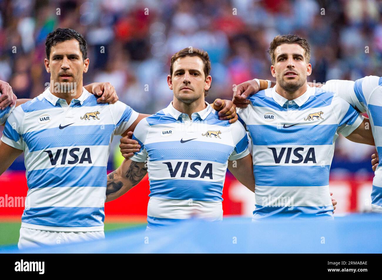 Madrid, Espagne. 26 août 2023. Juan Cruz Mallia (Argentine), Nicolas Sanchez (Argentine) et Matias Moroni (Argentine) lors de l'anathem national avant le match de rugby entre l'Espagne et l'Argentine (los Pumas) joué à l'Estadio Civitas Metropolitano le 26 août 2023 à Madrid, Espagne crédit : Agence photo indépendante/Alamy Live News Banque D'Images