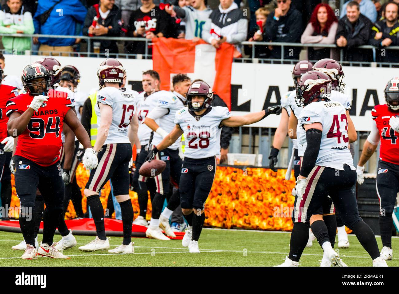 Ligue européenne de football, ELF/ match : Rhein Fire aux Helvetic Guards le 27. Août 2023, dans le Lidl Sportpark , Wil , Suisse, Rhein Fire/ RB # 28 Alexander TJ Banque D'Images